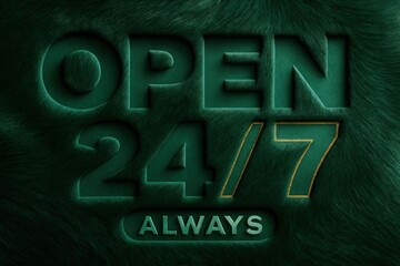 Obraz premium OPEN 24/7 ALWAYS promotional banner with a luxurious furry style, featuring a striking retail offer for around-the-clock services.