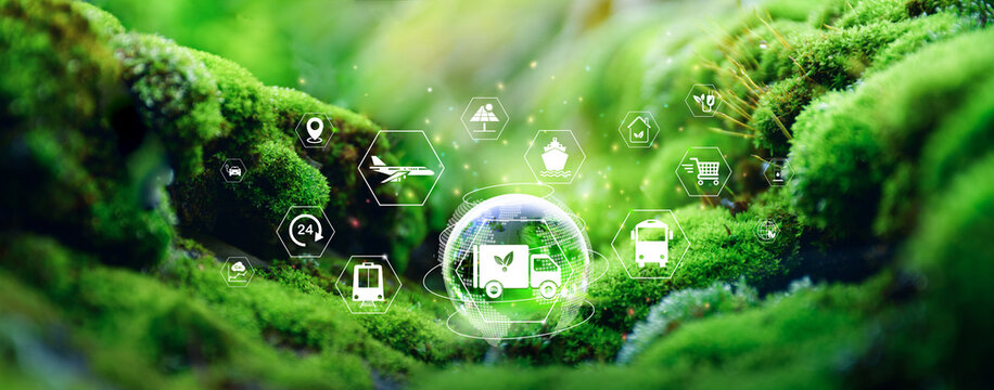 Sustainable transport. Sustainable global transport. logistics or travel by Ship, car, train, airplane, truck, with clean energy and eco friendly process to Net zero carbon emission - Powered by Adobe