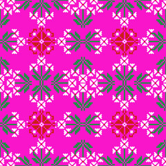 seamless floral pattern
Vibrant and electrifying seamless geometric floral pattern, inspired by traditional ethnic textile designs. The pattern features a continuous grid of bold diamond shapes 