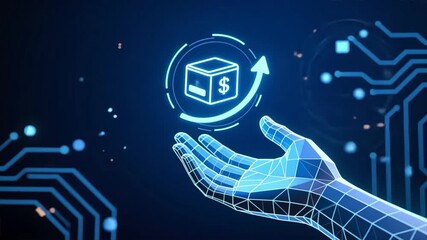 A futuristic wireframe hand holds a floating holographic return icon with arrow in dark tech setting, reverse logistics process, transportation logistics, global logistics