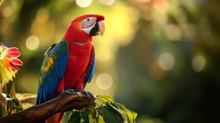 A scarlet macaw perched on a branch with a blurred background of green leaves and flowers.