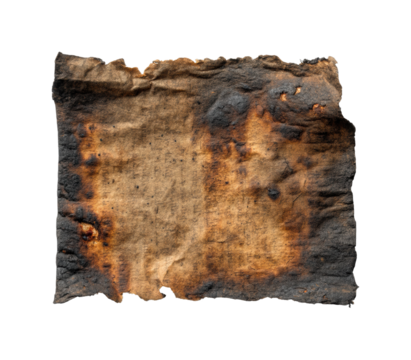 Burnt ancient manuscript discovery archaeological site historical context artifacts isolated on transparent background, png