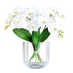Obraz premium A stunning arrangement of white orchids in a clear crystal vase, showcasing delicate petals and vibrant green leaves.