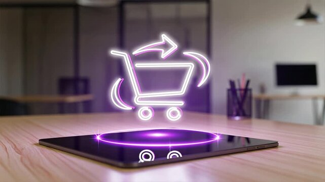 A glowing neon shopping cart icon with arrow floats above tablet in modern office setting, reverse logistics process, transportation logistics, global logistics