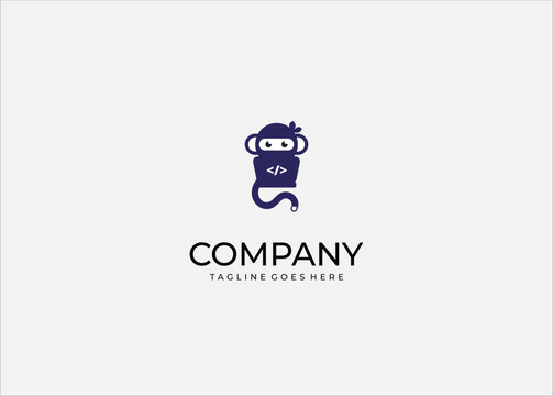 Vector Illustration Code Monkey Ninja Logo &ndash; Playful Programmer Mascot Symbol with Geeky Coding Elements, Modern Developer Icon for Tech Startups, Software Branding, and Digital Community Identity.
