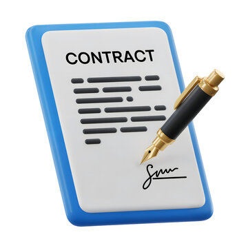 3D Contract document with pen and signature indicating agreement isolated on white background