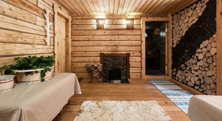 Wooden Sauna Interior with Fireplace and Stacked Firewood Wall | Rustic Relaxation Spa Space for Wellness and Lifestyle Advertising