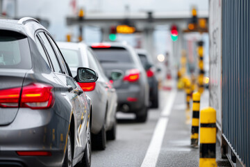 Border checkpoint with cars in line for customs clearance