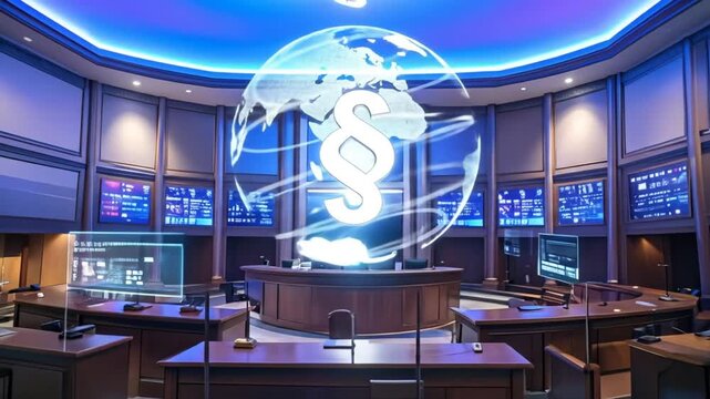 Futuristic courtroom concept displaying digital law and global legal connectivity animation