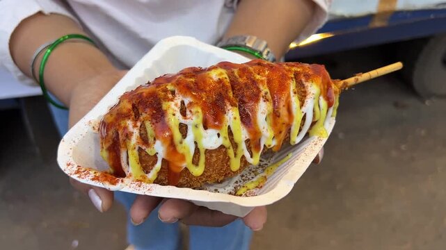 Korean cheese corn dog prepared in Indian style with extra cheese and sauce.