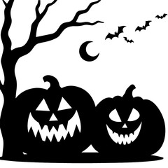 Two black pumpkins with carved faces