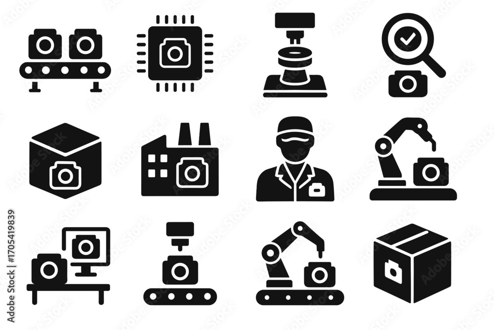 Aufkleber vector camera testing box icon factory product lens nano control microchip robotic