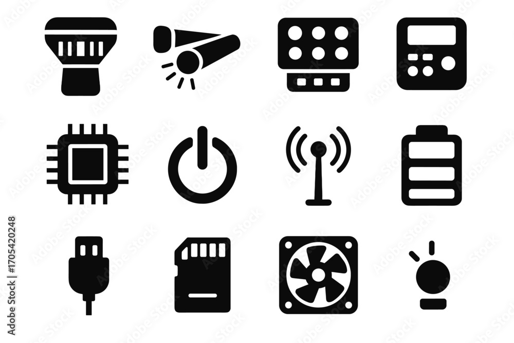 Poster icons button cable fan array vector data icon cooling light control pack