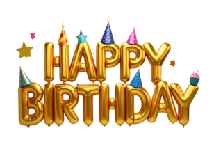  Playful Party Style Golden Balloon Happy Birthday Text with Celebration Items