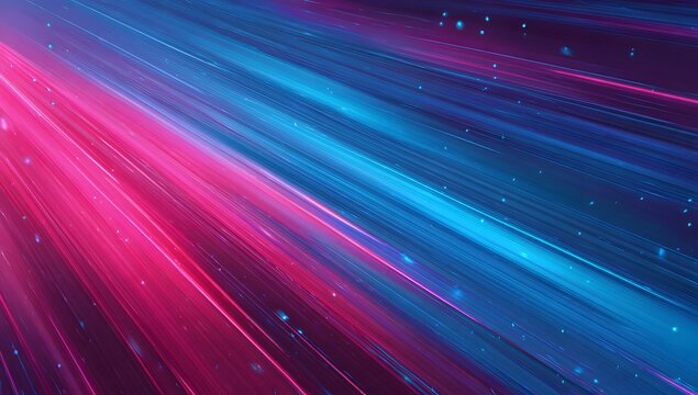 Neon abstract background with glowing diagonal light streaks in blue and pink