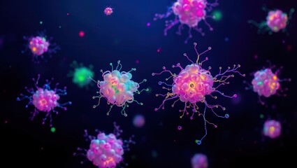Abstract rendering of glowing pink and blue cells floating in a dark blue space background