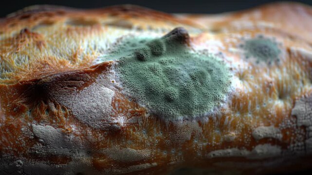 Close-up of a moldy bread with green fungus, unhealthy food, and stale loaf.