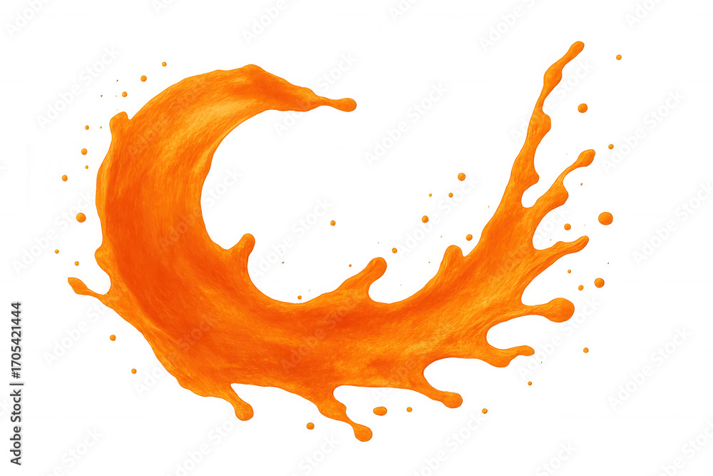 Poster orange juice splashing and creating a vibrant, dynamic curve against a transparent background, captu