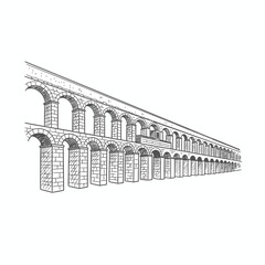 Illustration of an ancient aqueduct with arches and pillars, rendered in a detailed line drawing style.