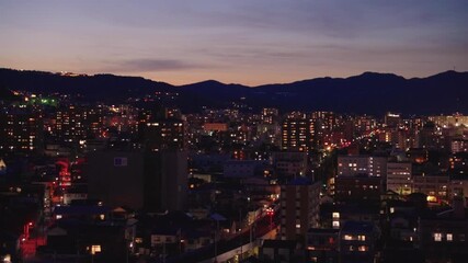 Beppu City, Lights come on in Twilight Summer Night, Train Departing in Background