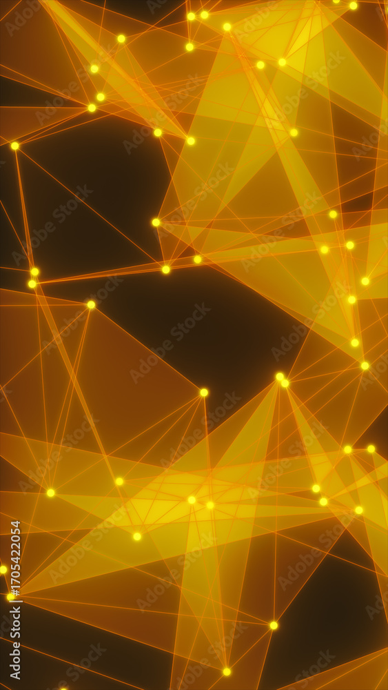 Poster abstract glowing network of orange lines and yellow nodes forming interconnected triangular patterns