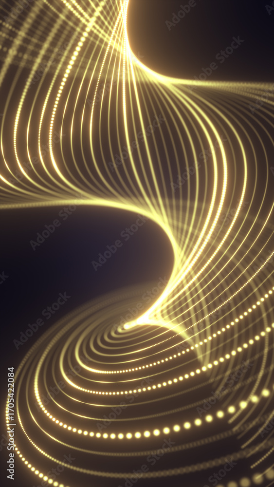 Poster abstract golden glowing curved lines forming a flowing wave pattern on a dark background