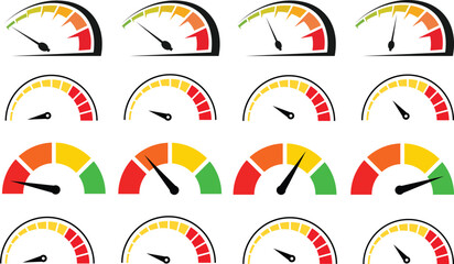 Speed signs. Speedometer black icons set. Speed indicators with arrows. Fast speed. Internet speed, gauge, dashboard, indicator, tachometer, scale. Credit score indicator. Risk levels meter icon