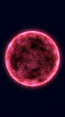 Bright glowing red sphere with scattered light particles forming a cosmic digital orb on dark background