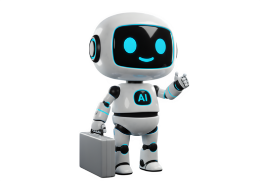 Friendly AI Robot Character Holding Leather Briefcase, Isolated on Transparent Background PNG

