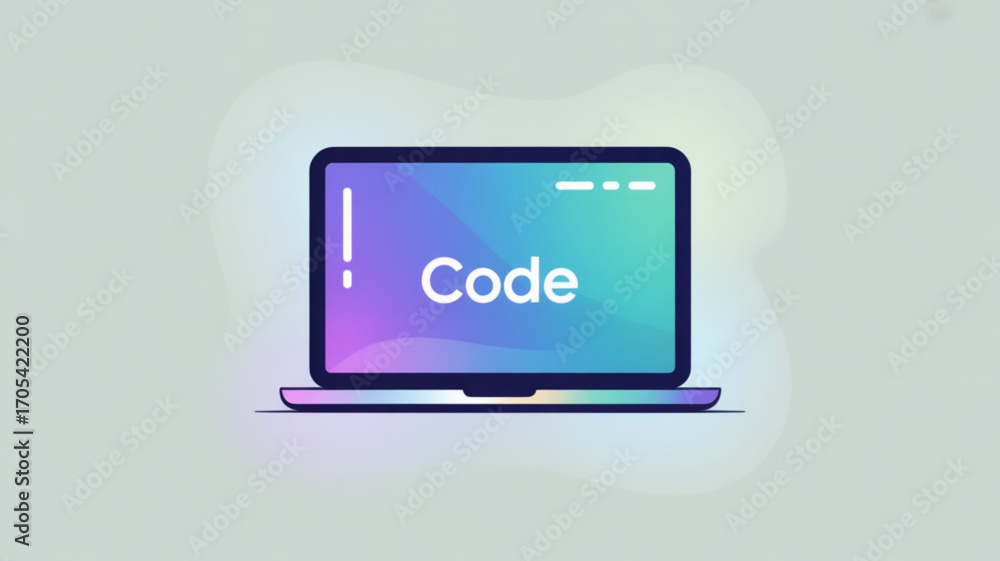 Poster a laptop with the word code on the screen in a simple vector illustration for web development