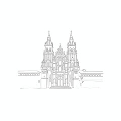 Fototapeta premium Line drawing of a grand cathedral facade with ornate towers and detailed architectural elements against a white background.
