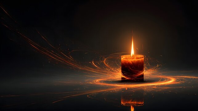 Glowing candle with magical light sparks in dark atmosphere
