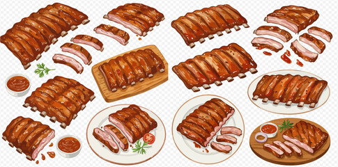 Collection of delicious grilled and barbecued ribs, presented as whole racks, sliced portions, and served on plates with sauce.