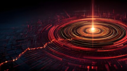 Futuristic red digital radar target interface with glowing circular waves
