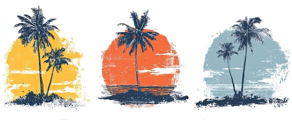 Three vintage-style tropical sunset scenes