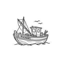 Hand-drawn fishing boat "El Pescador" sailing on water with seagulls flying above.