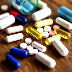 Medicine capsules and tablets arranged neatly on wooden table showing pharmaceutical diversity and healthcare importance in treatment and modern wellness