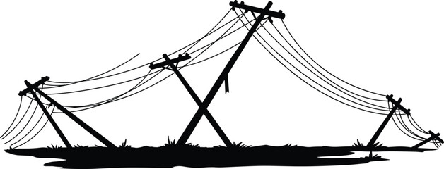 Fallen power poles, broken electric wires, damaged utility infrastructure, blackout scene, rural power outage, disaster aftermath, leaning poles, electrical collapse, storm damage, downed lines