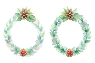 Watercolor Christmas wreaths pine cones vector illustration isolated on white background