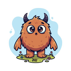 Fototapeta premium Vector art of a cute, fluffy orange monster with big eyes and horns stands on grass