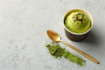 Green Ice Cream Scoop with Gold Spoon on Textured Gray Surface