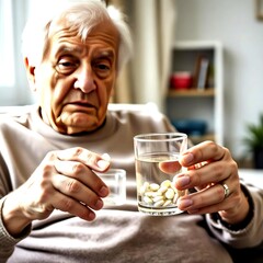 Elderly patient taking prescribed medicine pills with glass of water at home showing healthcare support medical treatment and lifestyle balance wellness