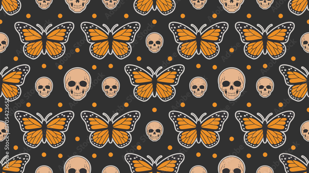 Poster a seamless pattern with monarch butterflies and skulls on a dark background with orange dots scatter