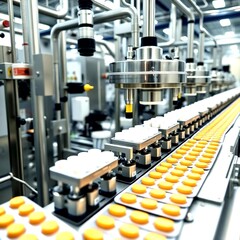 Pharmaceutical factory production line with automated machinery packaging medicine tablets ensuring quality control safety and efficiency in global healthcare supply chain