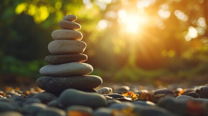 Obraz premium A stack of smooth gray stones is carefully balanced on top of each other, forming a cairn in the middle of a pebble path with the setting sun in the background.