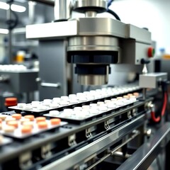 Pharmaceutical factory production line with automated machinery packaging medicine tablets ensuring quality control safety and efficiency in global healthcare supply chain