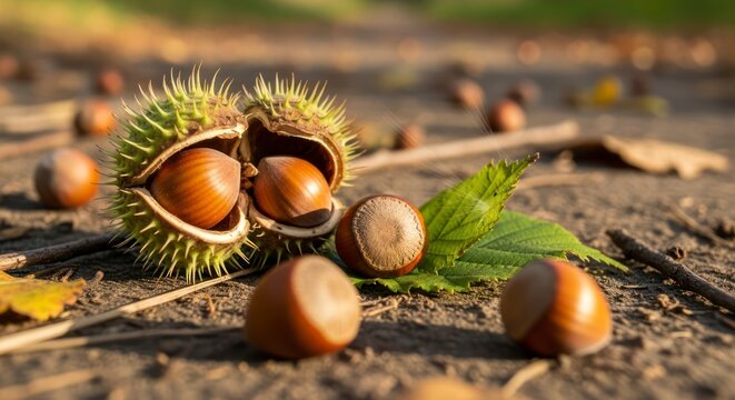 Fresh Hazelnuts with Green Shells and Leaves on Ground
