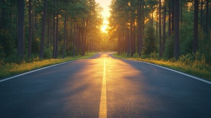 Asphalt road through a pine forest at sunset.  Golden light beams through trees