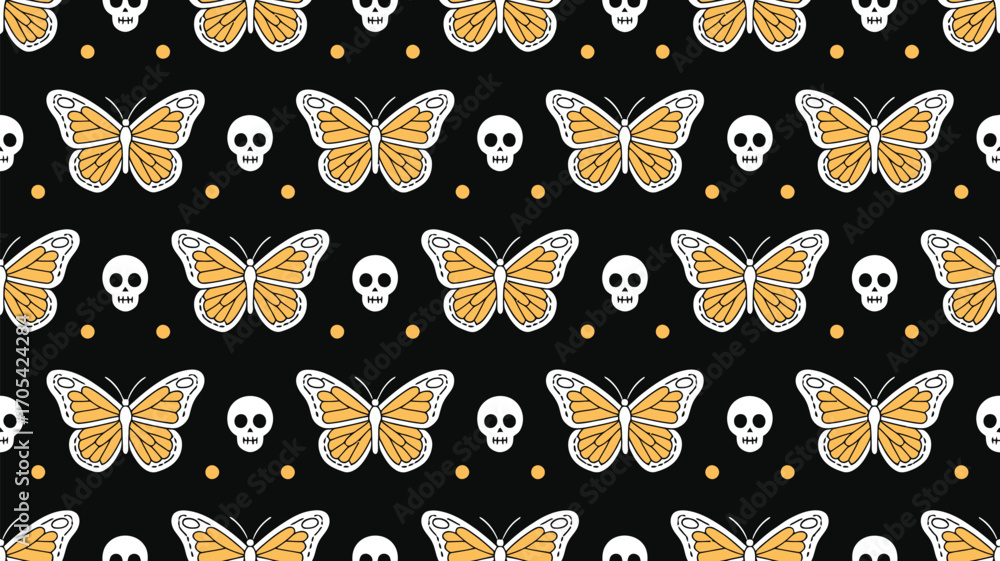 Aufkleber a repeating pattern of butterflies skulls and dots on a black background in a seamless design style