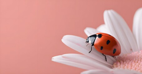 Close up of ladybug on white daisy petal with soft pink background